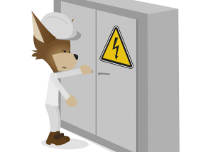 Mascotte Martin devant une armoire électrique